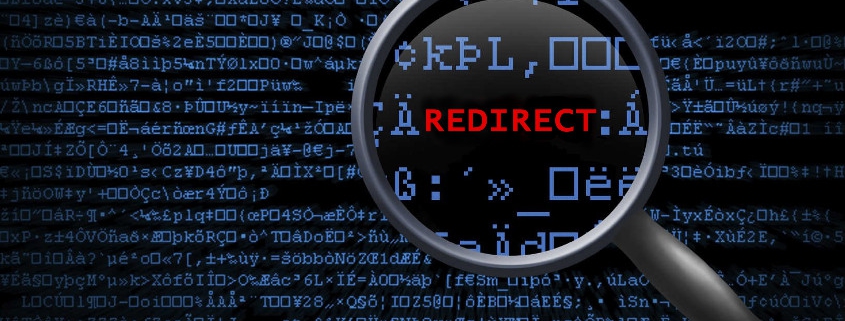 Random binary data with magnifying glass showing the text REDIRECT in red