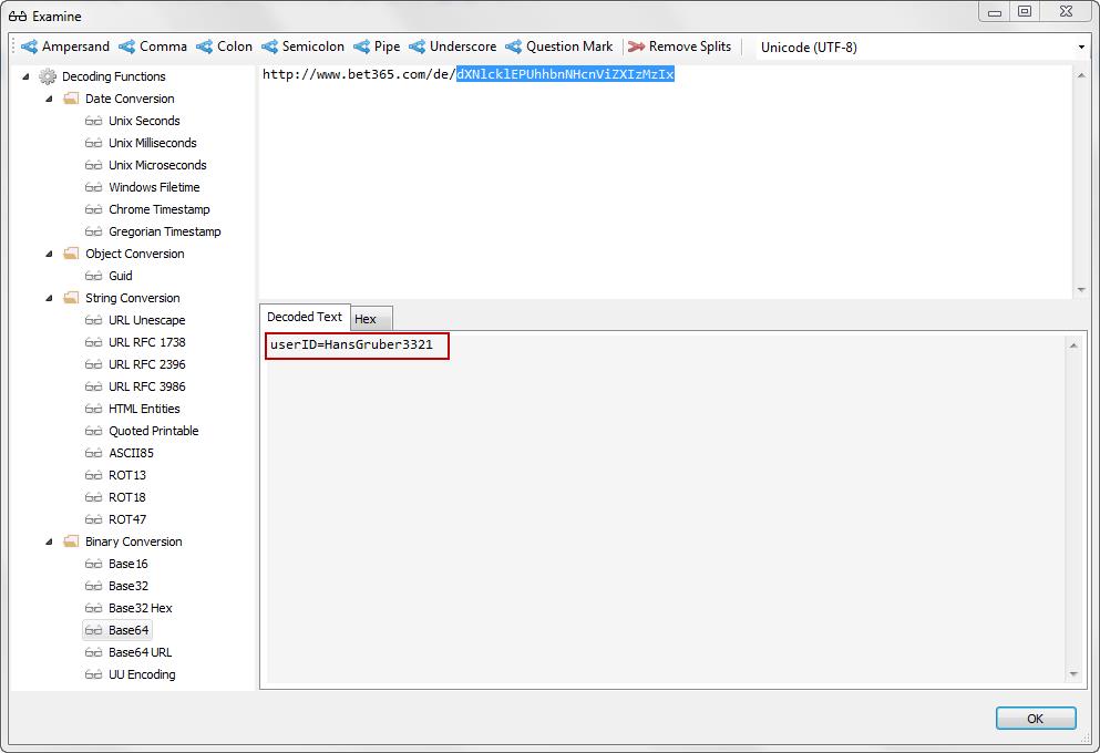 Digital Detective NetAnalysis® showing the data analysis screen and a Base64 decoded string