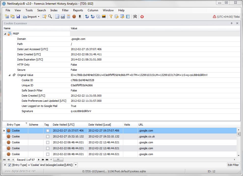 Digital Detective NetAnalysis® showing the cookie examiner and a Google analytics cookie