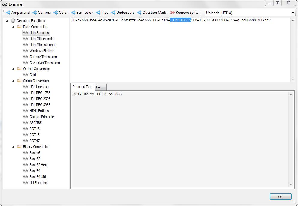 Digital Detective NetAnalysis® showing the data analysis screen and a unix timestamp being decoded
