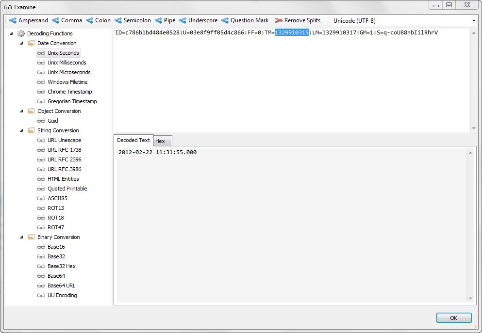 Digital Detective NetAnalysis® showing the data analysis screen and a unix timestamp being decoded