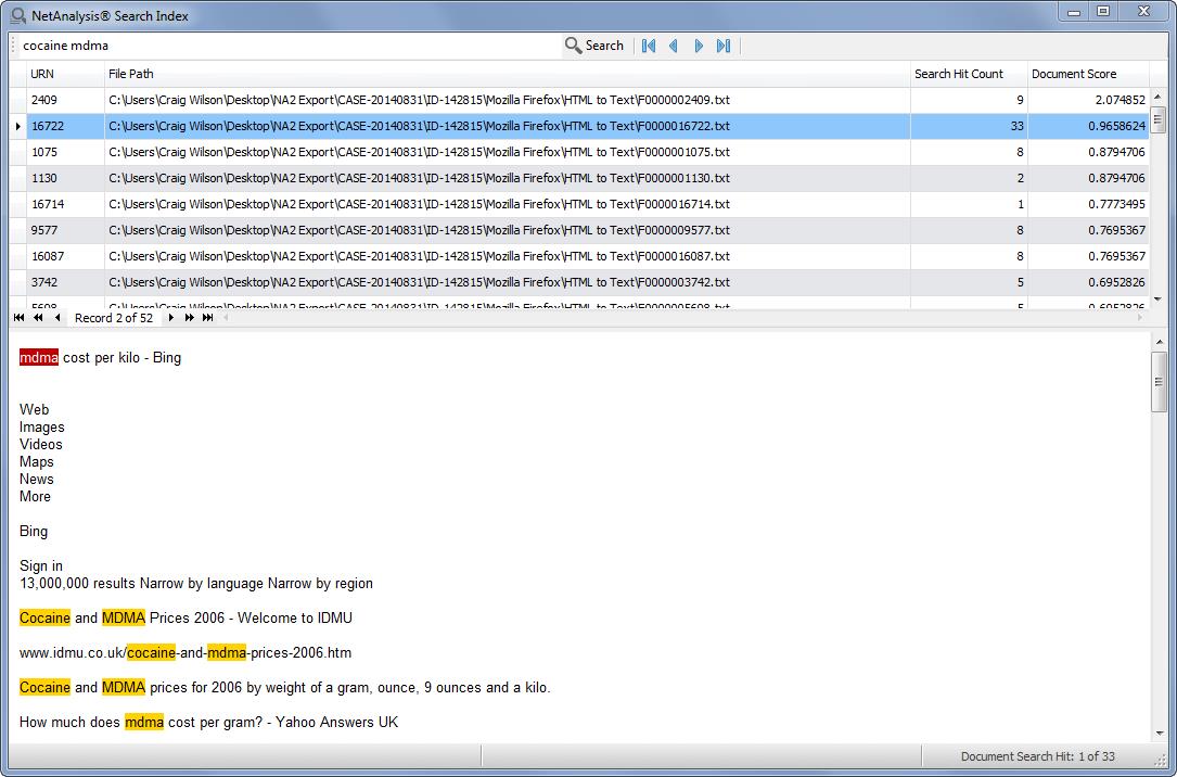 Digital Detective NetAnalysis® showing indexed text searching