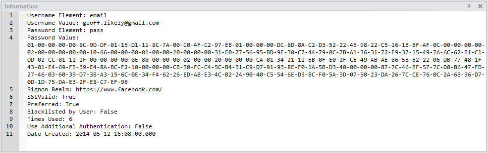 Digital Detective NetAnalysis® showing the information panel and encrypted login data