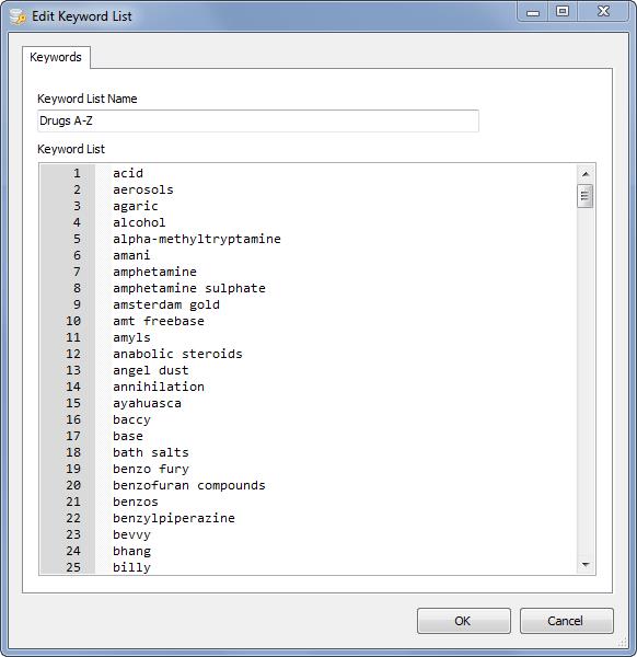 Digital Detective NetAnalysis® showing the keyword list editor