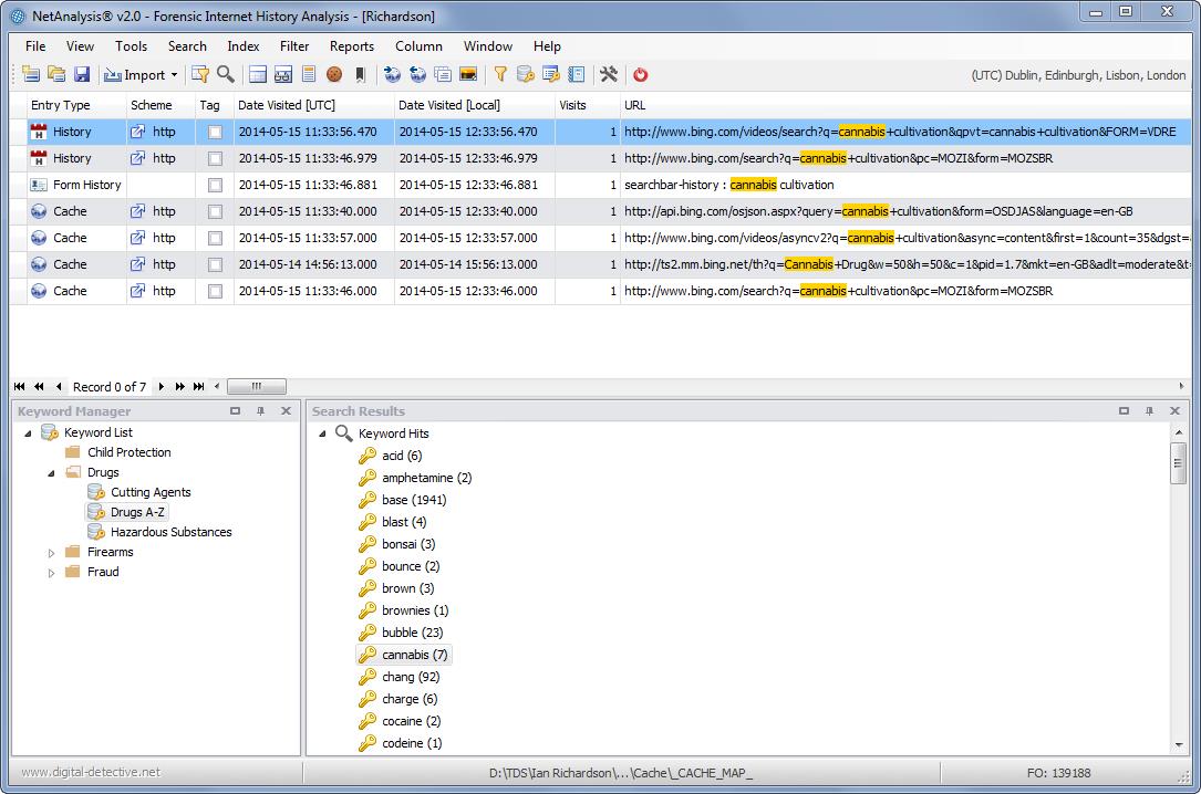 Digital Detective NetAnalysis® showing keyword searching and highlighted text