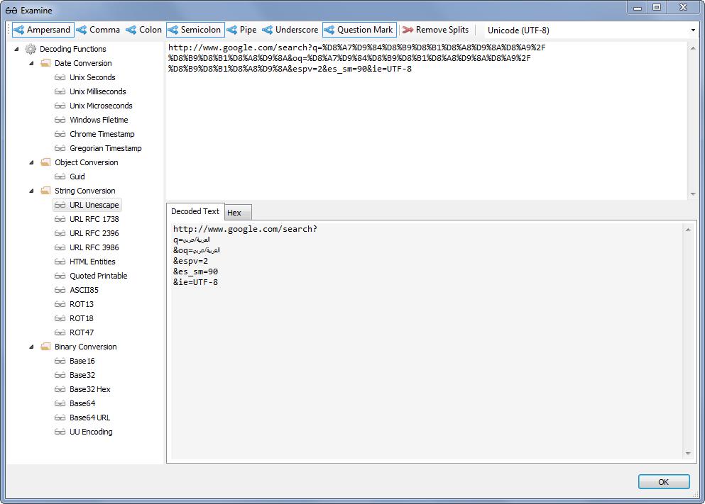 Digital Detective NetAnalysis® data analysis window showing URL encoded arabic data being displayed