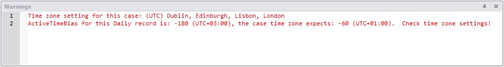 Digital Detective NetAnalysis® showing the warning panel and a time zone warning