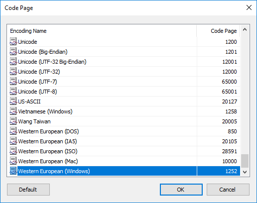 Digital Detective NetAnalysis® code page screen to select character encoding