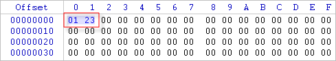 Binary data in hex viewer with first 2 bytes highlighted