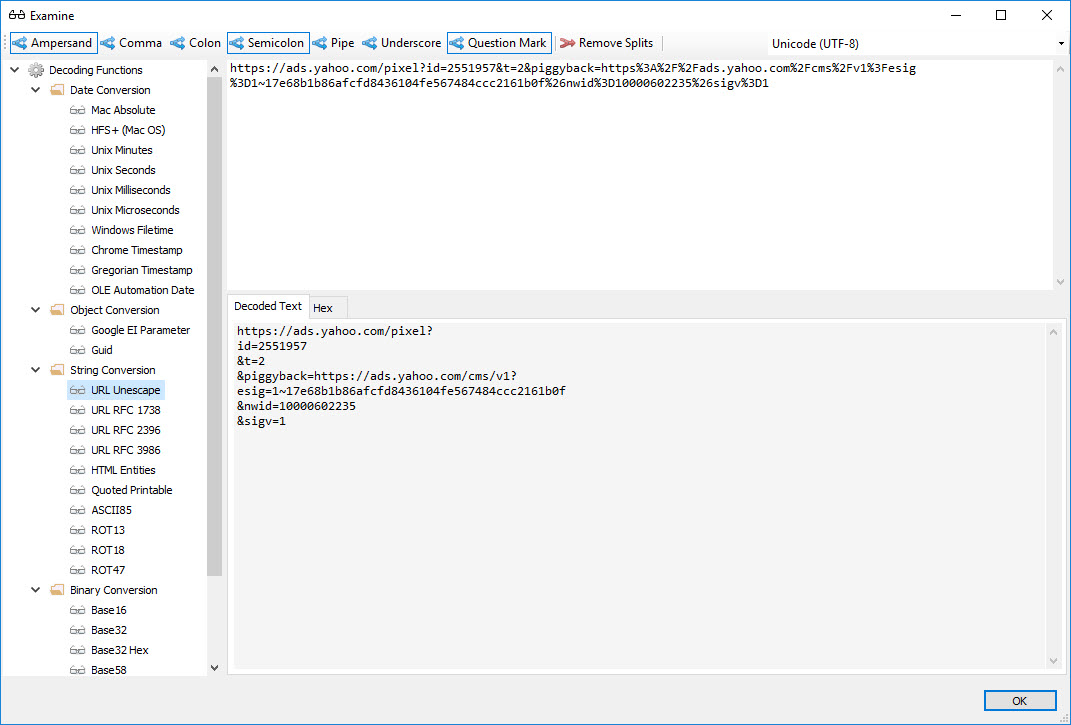 NetAnalysis Examine window showing a Decoded URL