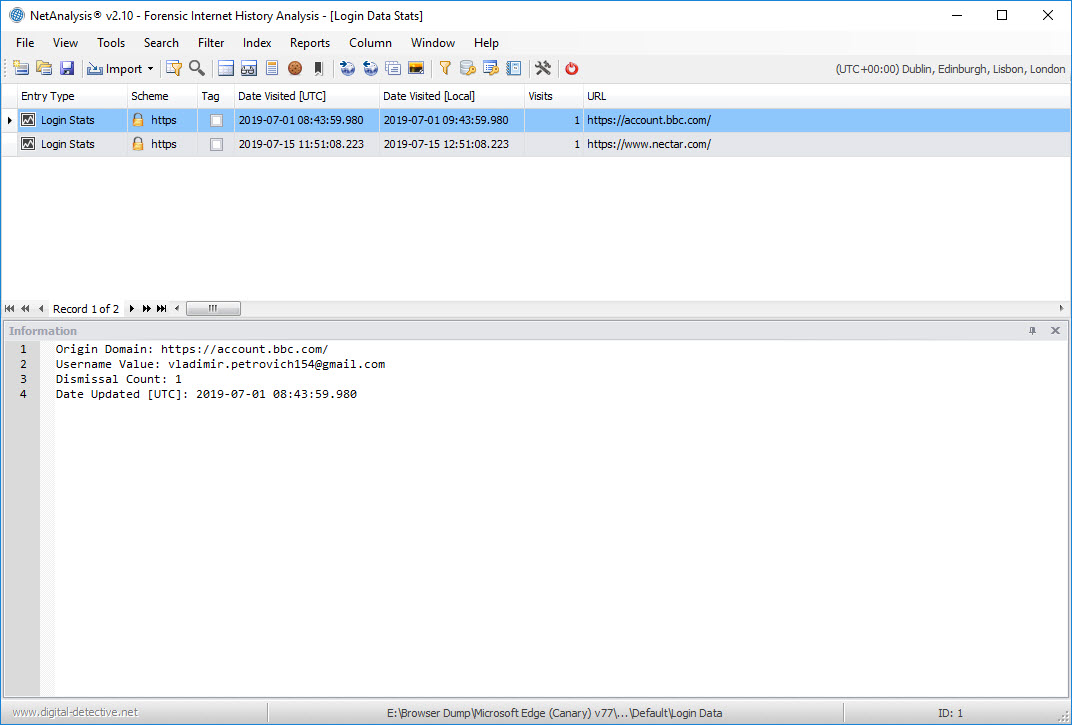 NetAnalysis showing Login Data Stats Entries