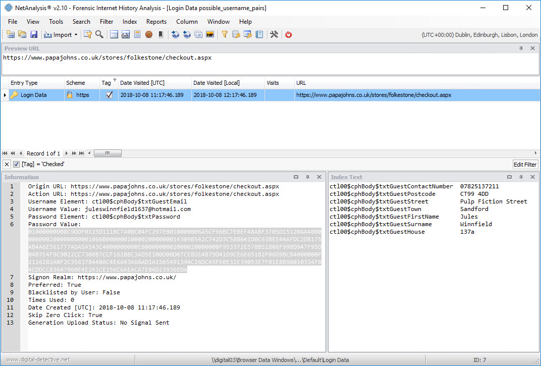 NetAnalysis showing a Login Data entry with Login Name/Value Pairs