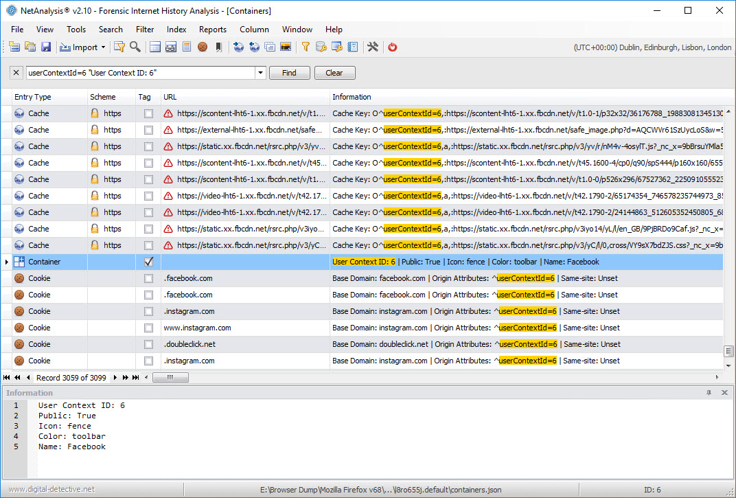 NetAnalysis Showing a Facebook Containers Entry and Associated Activity