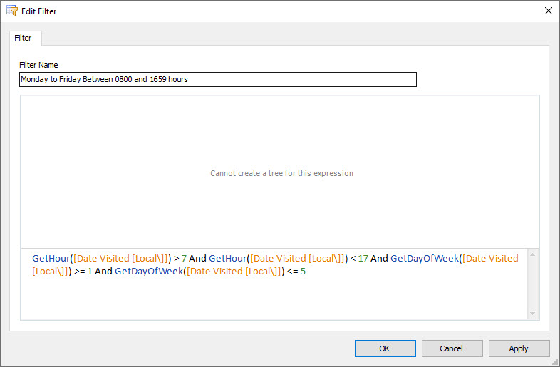 Edit Filter Window showing Filter Functions