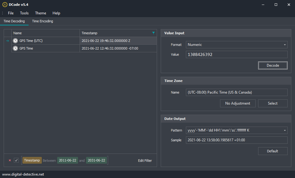 Filtering decoded timestamps using the date range filter