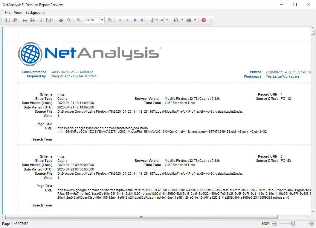 Digital Detective NetAnalysis showing 297 thousand pages in a Generated Report