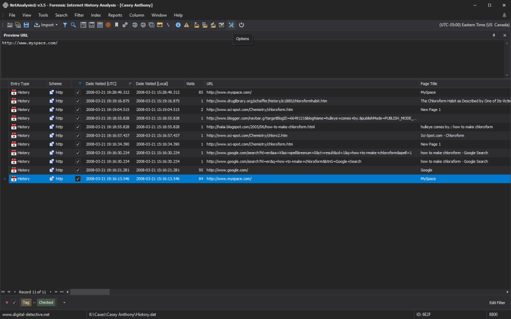 Digital Detective NetAnalysis showing Casey Anthony Mork History,dat File