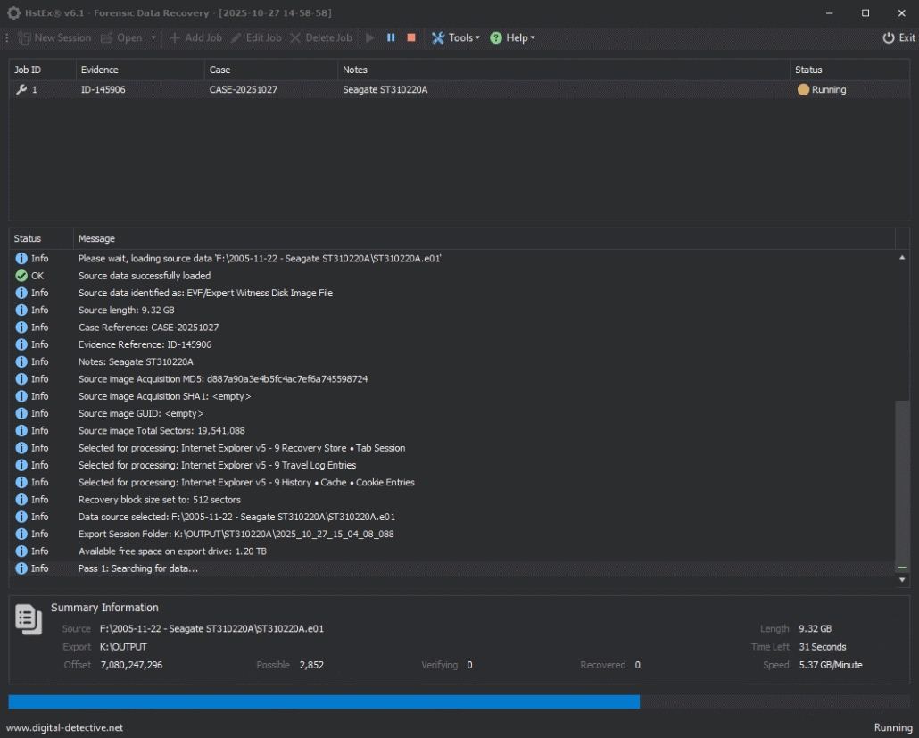 Digital Detective's HstEx® performing a search against an E01.